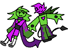 green and purple humanoids, one in a kimono and the other kind of looks like spamton neo